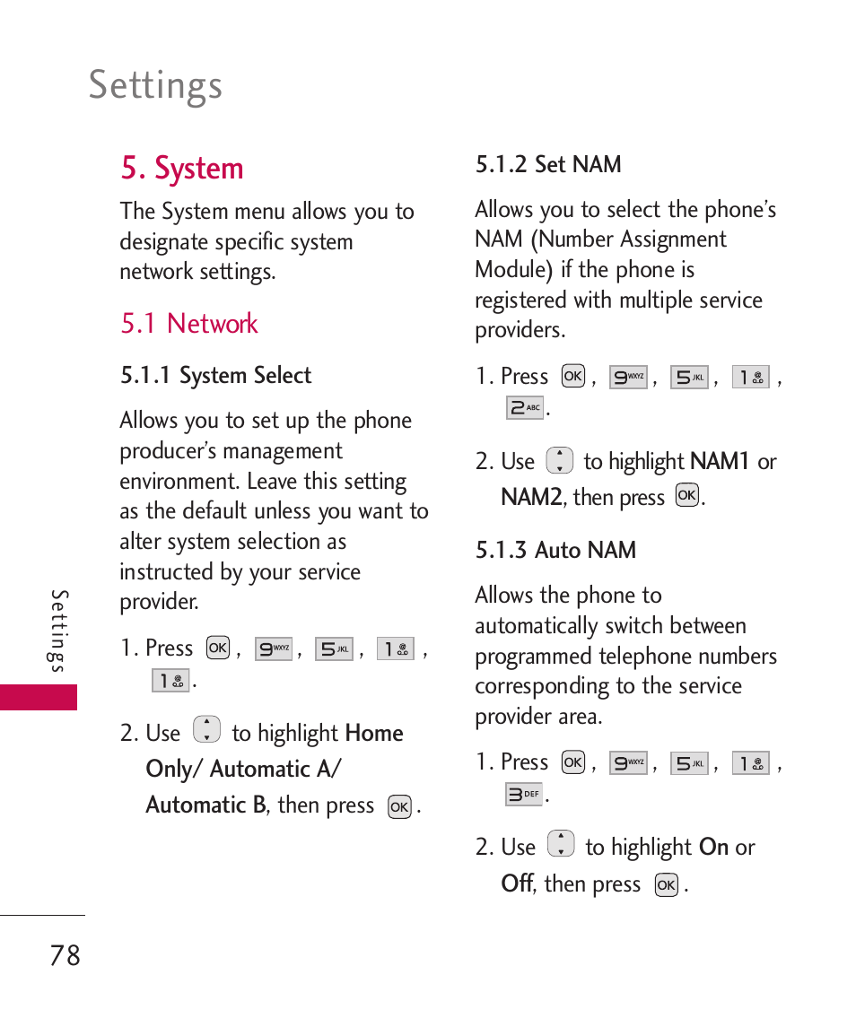 System, 1 network, Settings | LG LG230 User Manual | Page 80 / 251