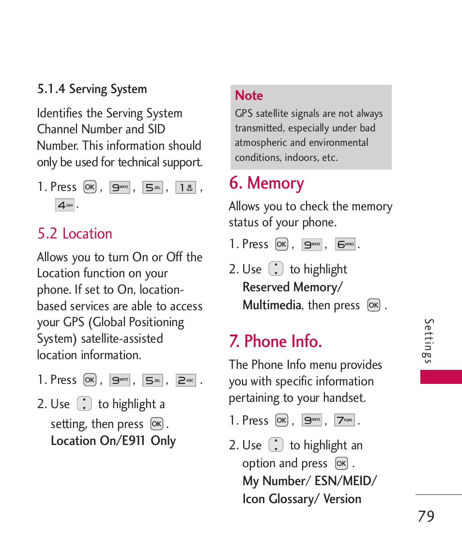 2 location, Memory, Phone info | LG LG230 User Manual | Page 81 / 251