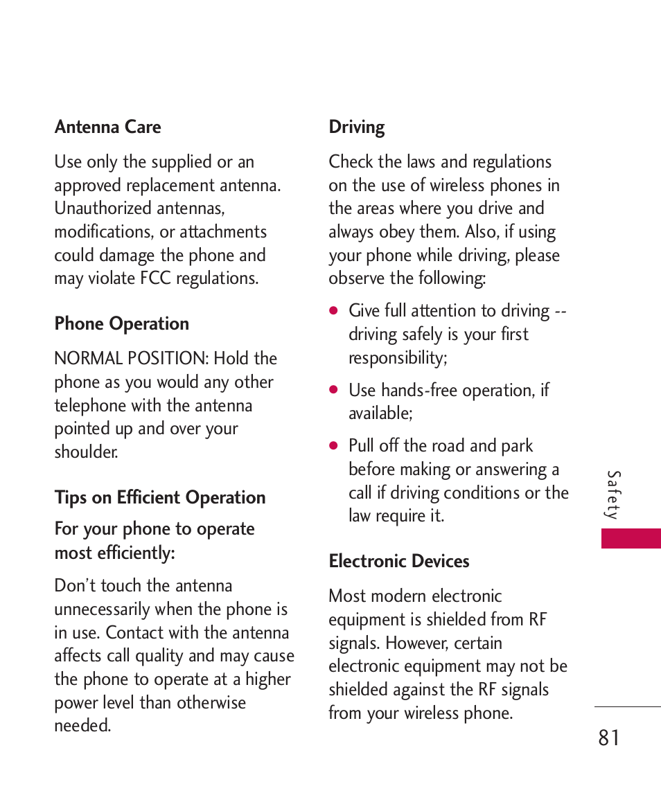 Antenna care, Phone operation, Tips on efficient operation | Driving, Electronic devices | LG LG230 User Manual | Page 83 / 251