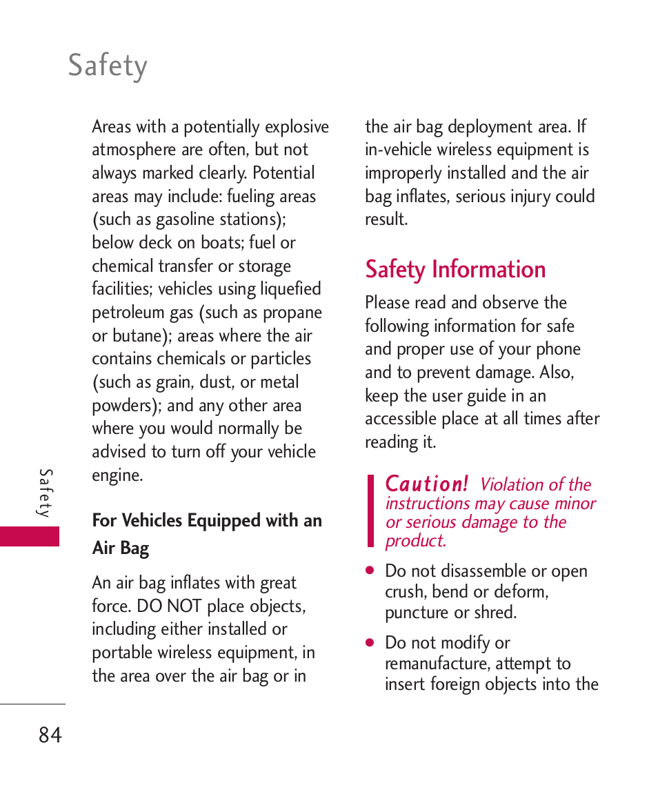 For vehicles equipped with a, Safety information, For vehicles equipped with an air bag | Safety | LG LG230 User Manual | Page 86 / 251