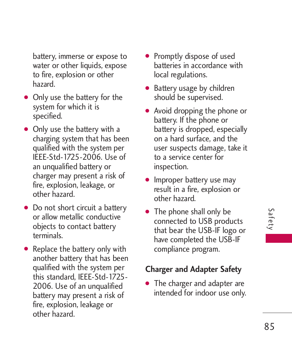 Charger and adapter safety, Battery usage by children should be supervised | LG LG230 User Manual | Page 87 / 251