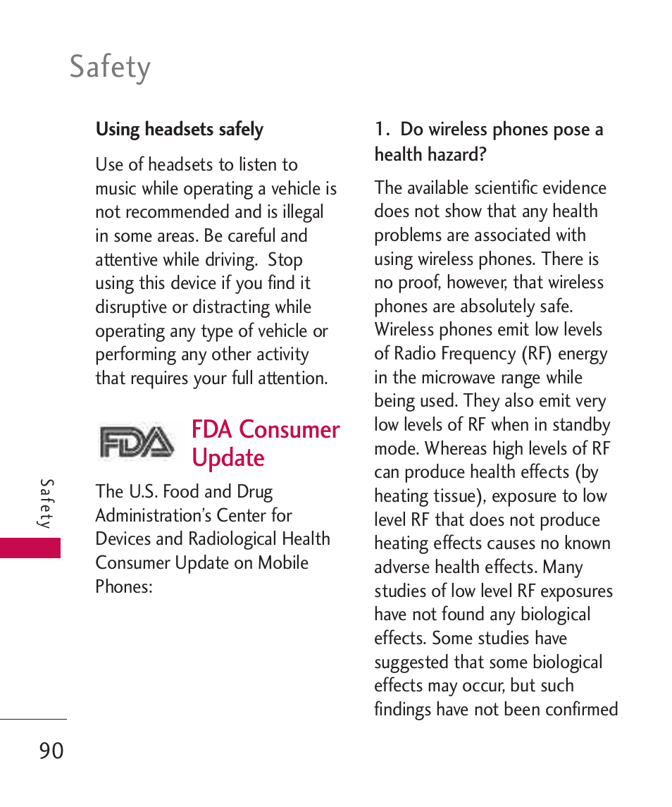 Using headsets safely, Fda consumer update, Safety | LG LG230 User Manual | Page 92 / 251