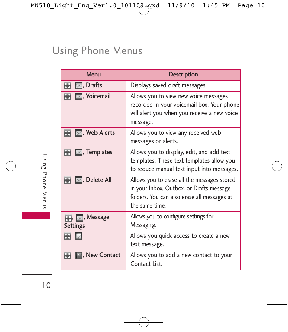 Using phone menus | LG LGMN510 User Manual | Page 12 / 69