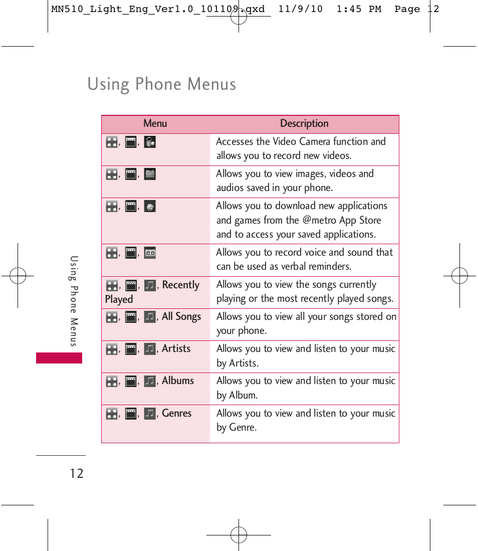 Using phone menus | LG LGMN510 User Manual | Page 14 / 69