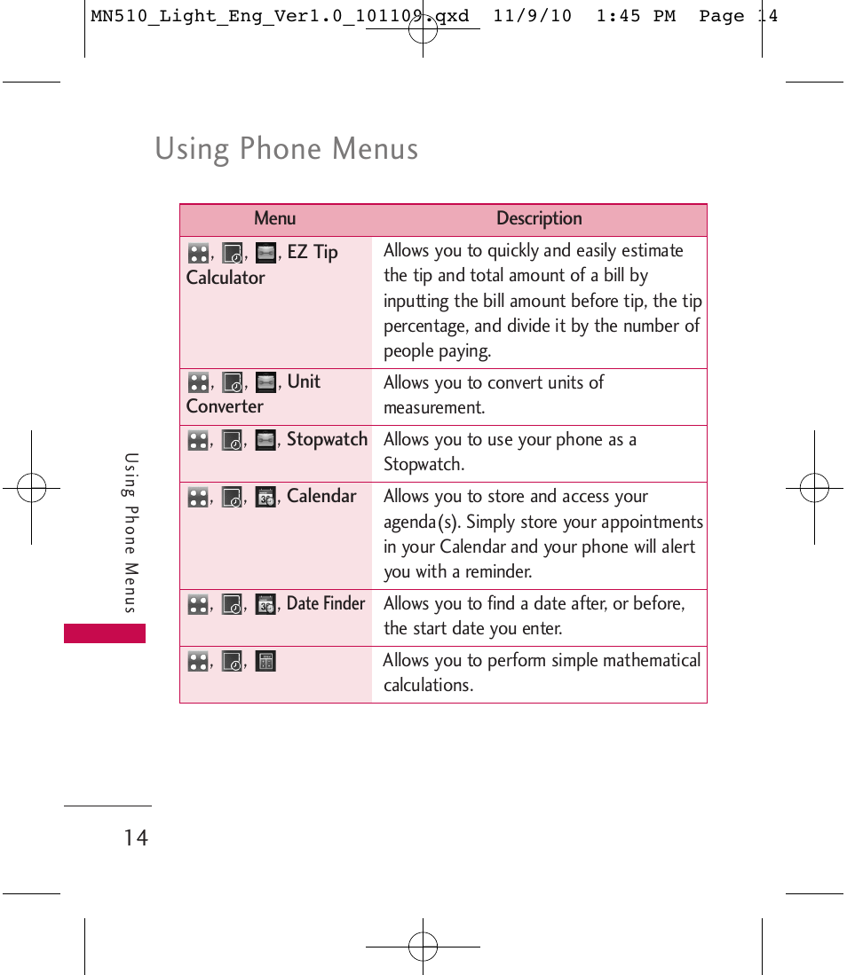 Using phone menus | LG LGMN510 User Manual | Page 16 / 69