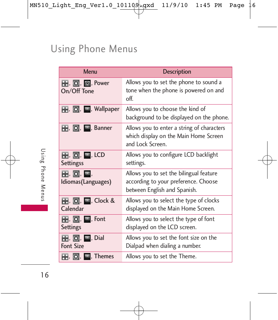 Using phone menus | LG LGMN510 User Manual | Page 18 / 69