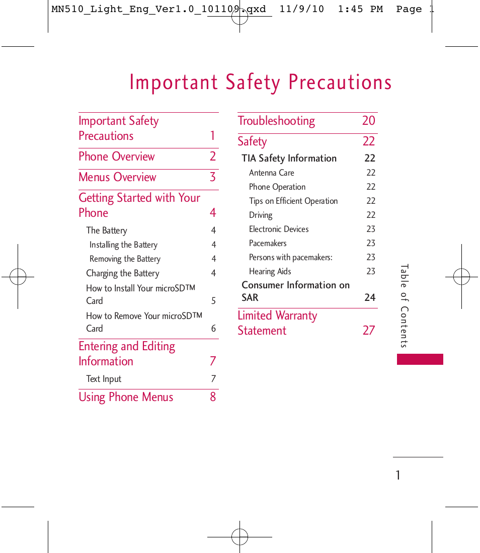 Important safety precautions, Entering and editing information 7, Limited warranty statement 27 | LG LGMN510 User Manual | Page 3 / 69