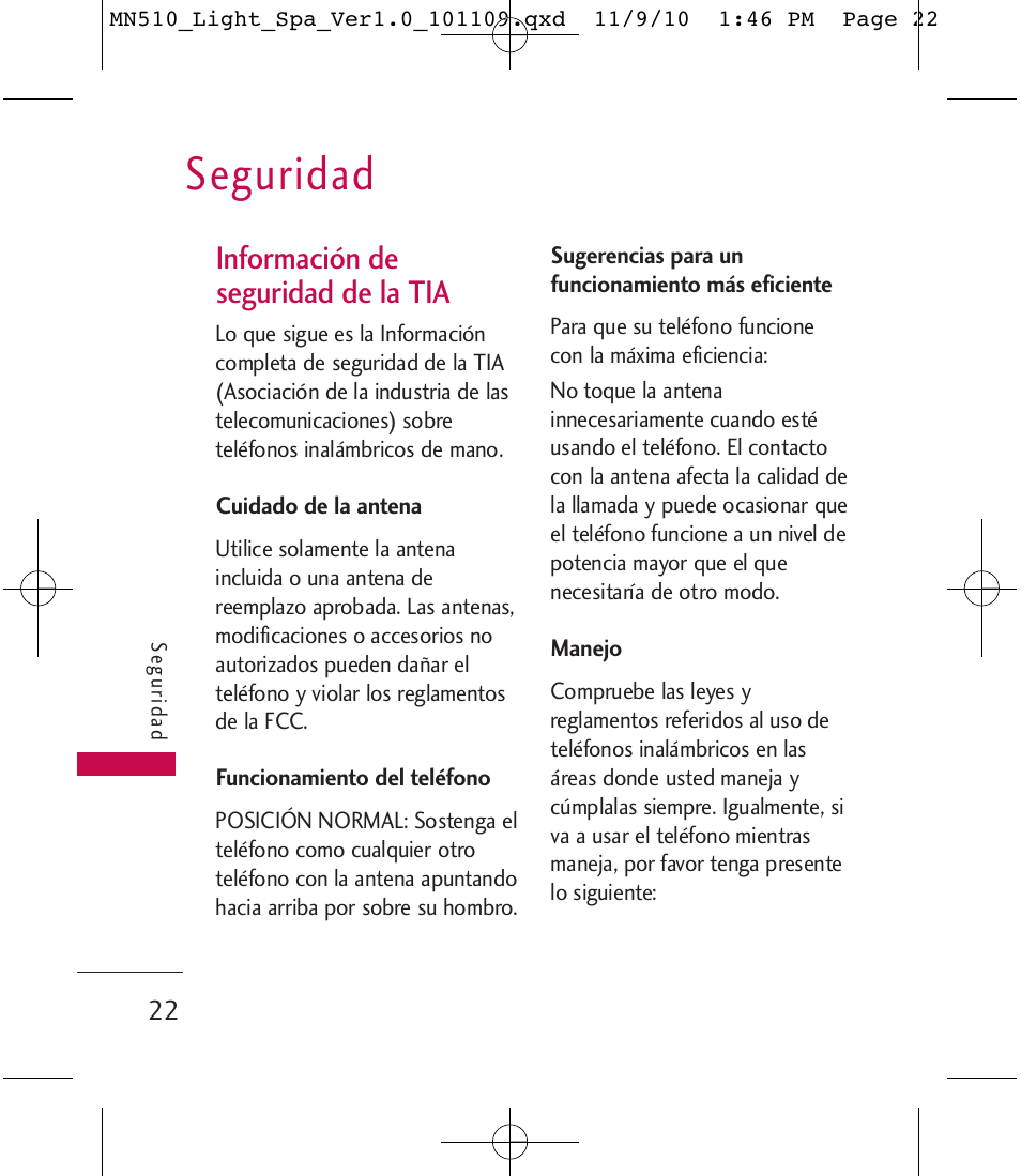 Seguridad, Información de seguridad de la tia | LG LGMN510 User Manual | Page 56 / 69