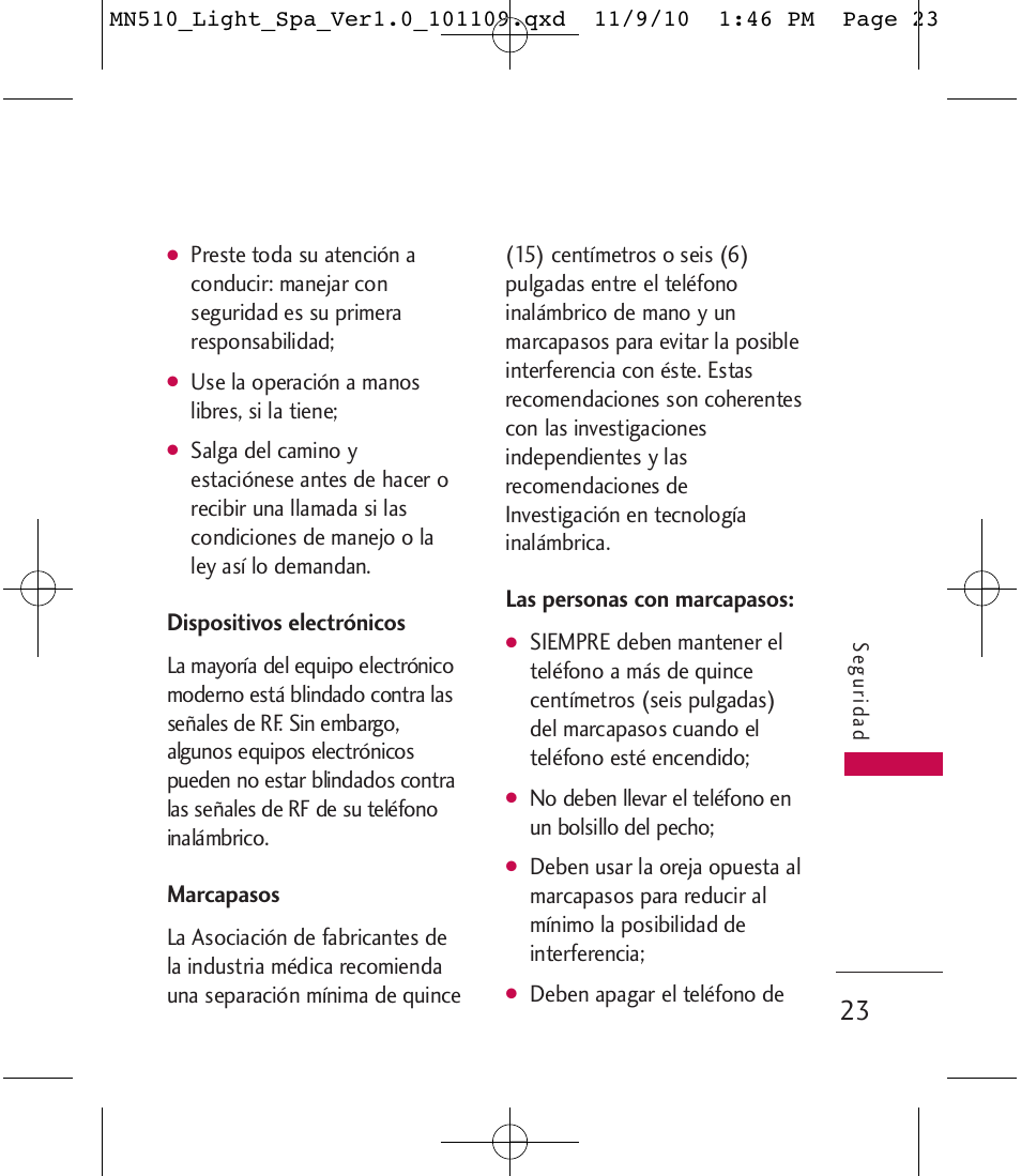 Dispositivos electrónicos, Marcapasos, Las personas con marcapasos | LG LGMN510 User Manual | Page 57 / 69