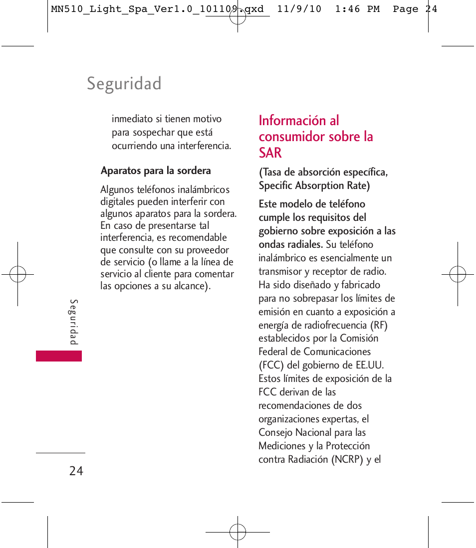 Seguridad, Información al consumidor sobre la sar | LG LGMN510 User Manual | Page 58 / 69