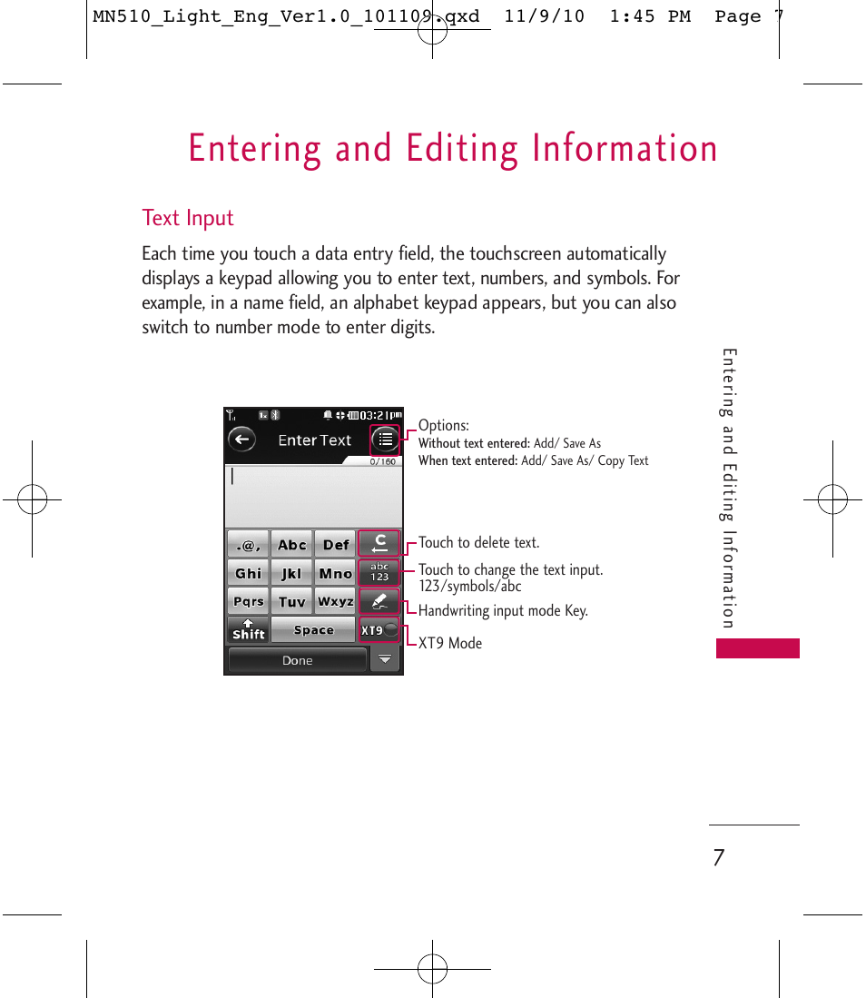 Entering and editing information, Text input | LG LGMN510 User Manual | Page 9 / 69