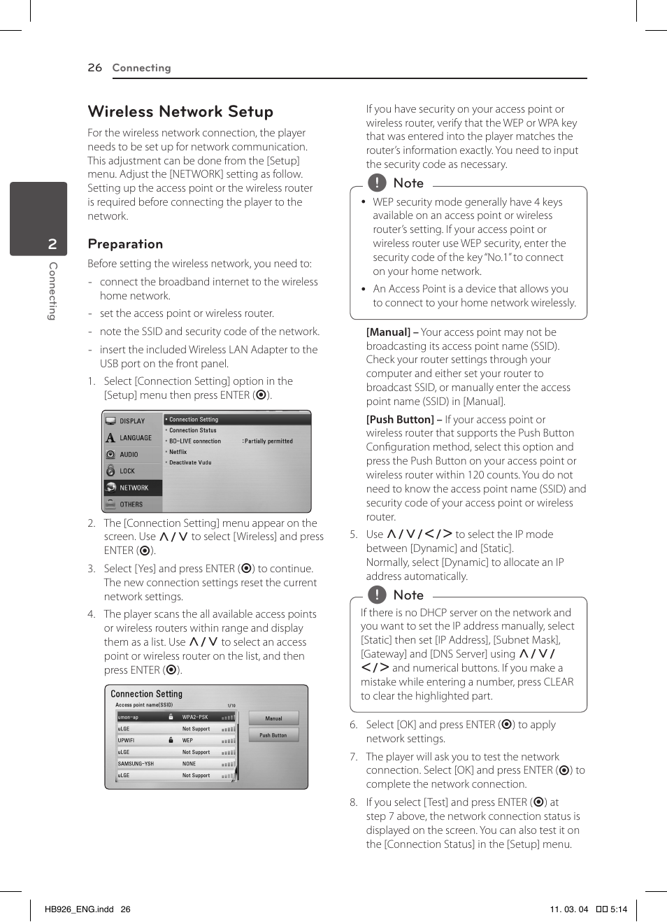 Wireless network setup | LG LHB326 User Manual | Page 26 / 64