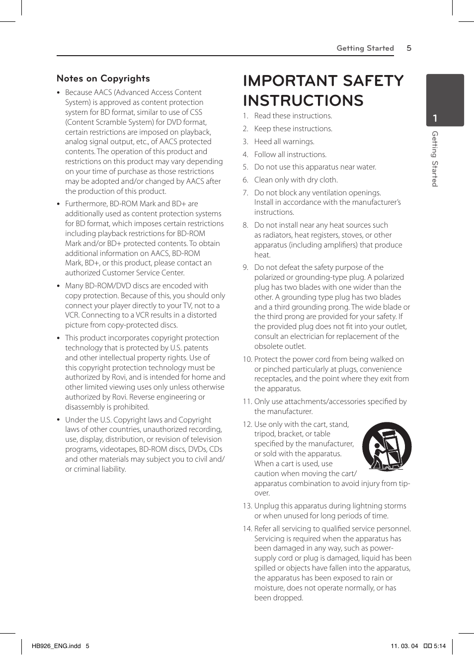 Important safety instructions | LG LHB326 User Manual | Page 5 / 64