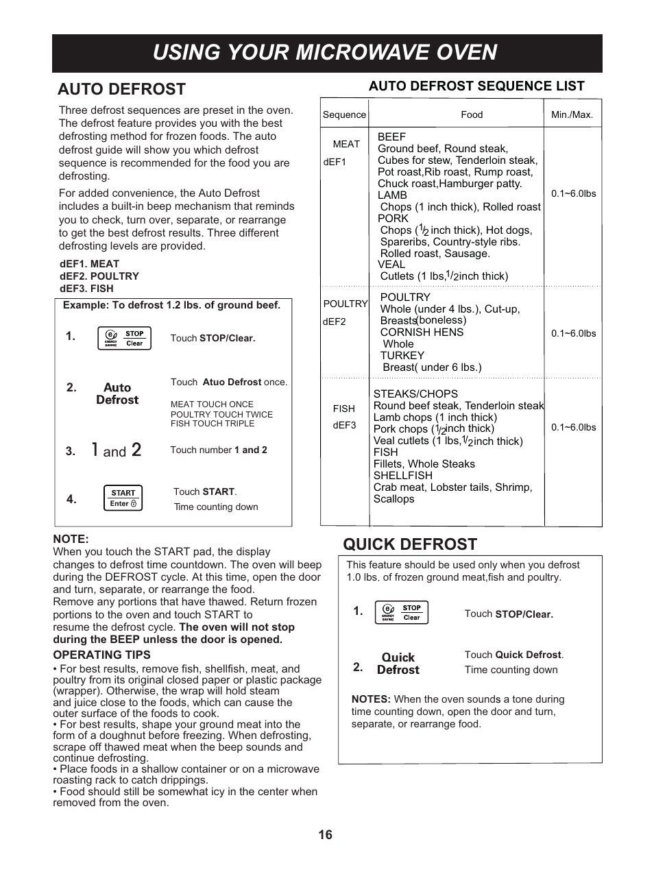 Using your microwave oven, Auto defrost, Quick defrost | Auto defrost sequence list | LG LCRT1513SW User Manual | Page 16 / 24