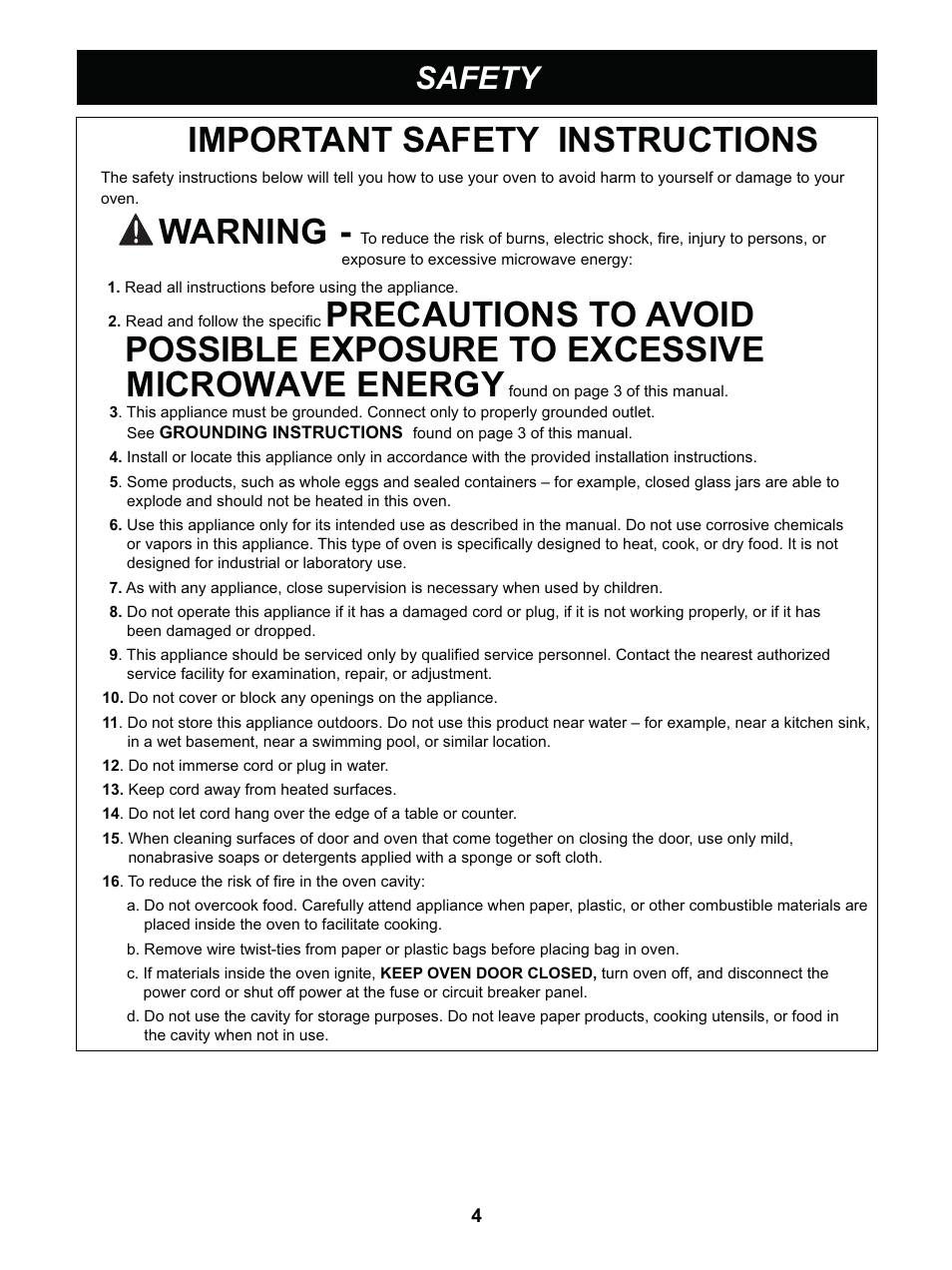 Important safety instructions, Possible exposure to excessive, Microwave energy | Warning, Precautions to avoid, Safety | LG LCRT1513SW User Manual | Page 4 / 24