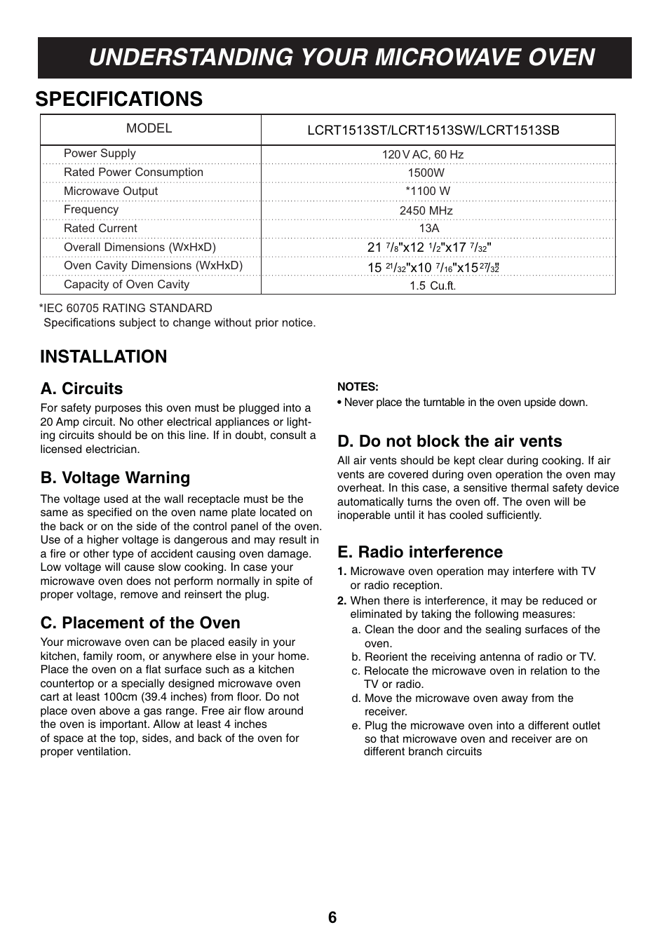 Understanding your microwave oven, Specifications, Installation | A. circuits, D. do not block the air vents, B. voltage warning, E. radio interference, C. placement of the oven | LG LCRT1513SW User Manual | Page 6 / 24