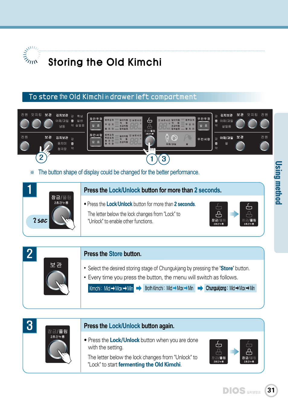 Storing the old kimchi, Using m ethod | LG GR-K243UG User Manual | Page 31 / 50