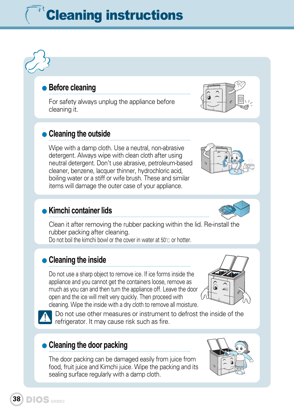 Cleaning instructions, Before cleaning, Kimchi container lids | Cleaning the inside, Cleaning the outside, Cleaning the door packing | LG GR-K243UG User Manual | Page 38 / 50
