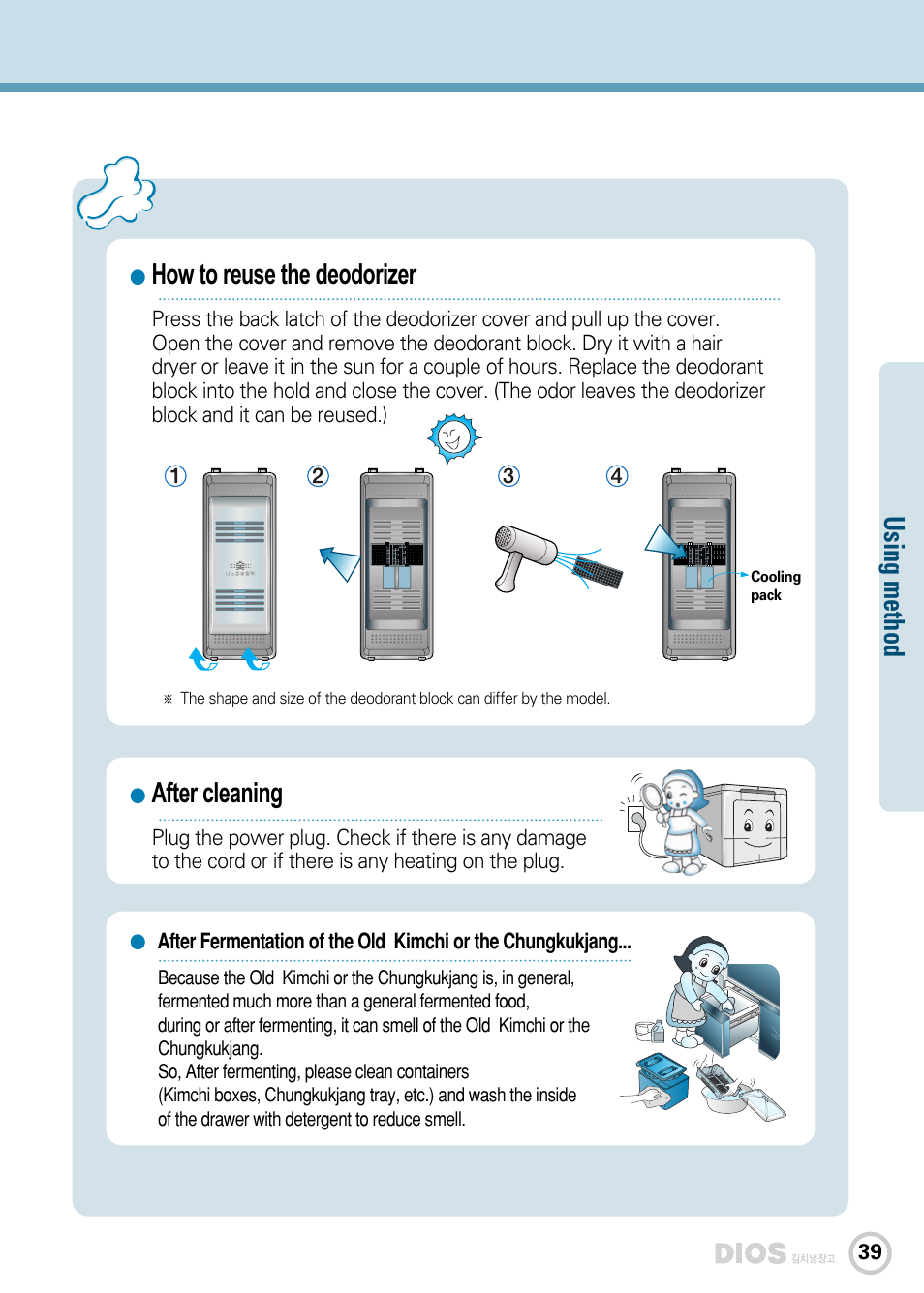 Using m ethod, How to reuse the deodorizer, After cleaning | LG GR-K243UG User Manual | Page 39 / 50