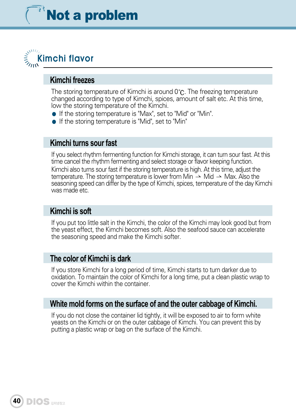 Not a problem, Kimchi freezes kimchi flavor, Kimchi turns sour fast | Kimchi is soft, The color of kimchi is dark | LG GR-K243UG User Manual | Page 40 / 50