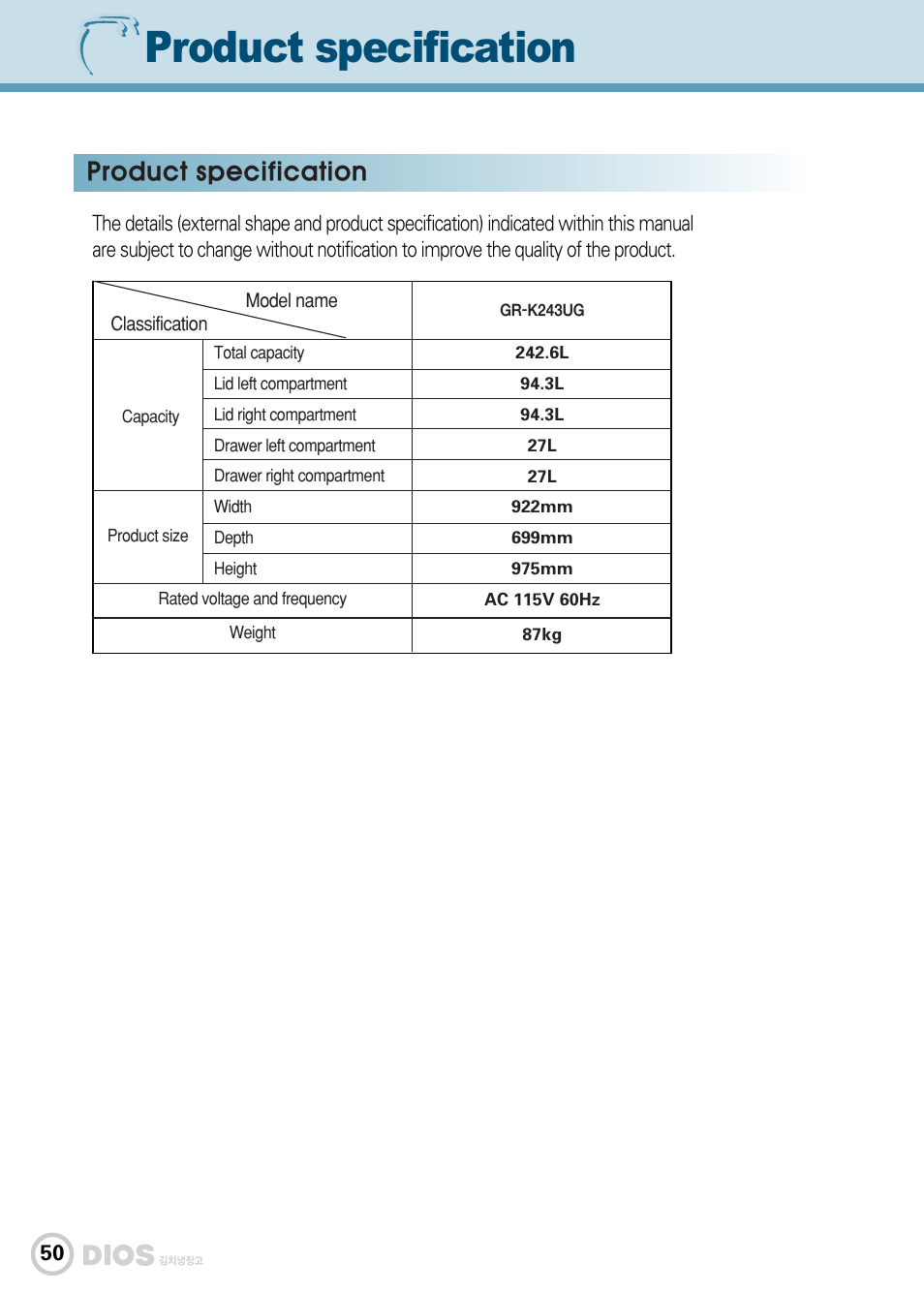 Product specification | LG GR-K243UG User Manual | Page 50 / 50