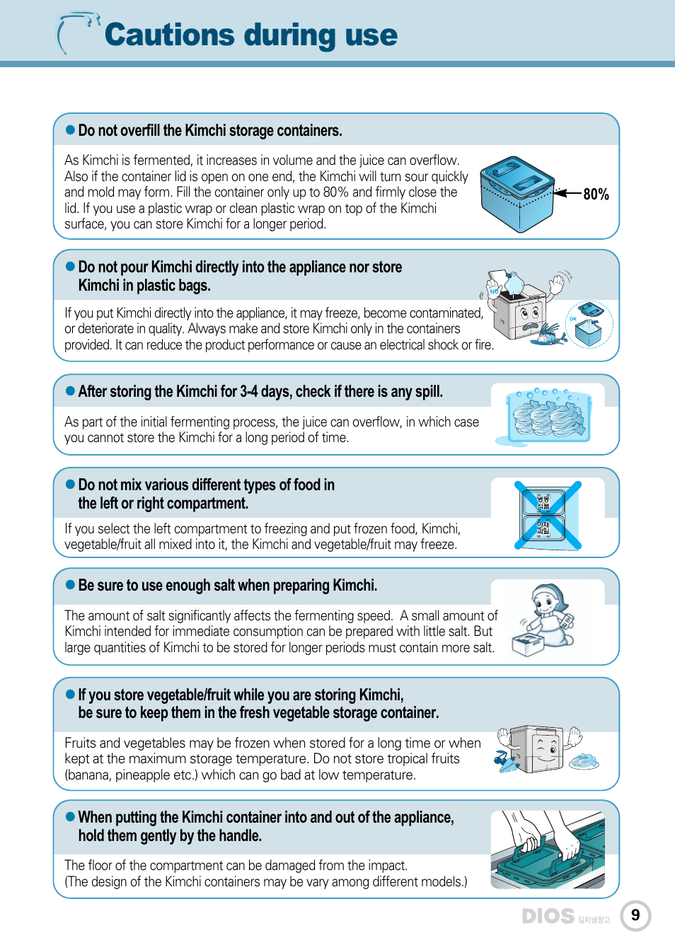 Cautions during use, Do not overfill the kimchi storage containers, Be sure to use enough salt when preparing kimchi | LG GR-K243UG User Manual | Page 9 / 50