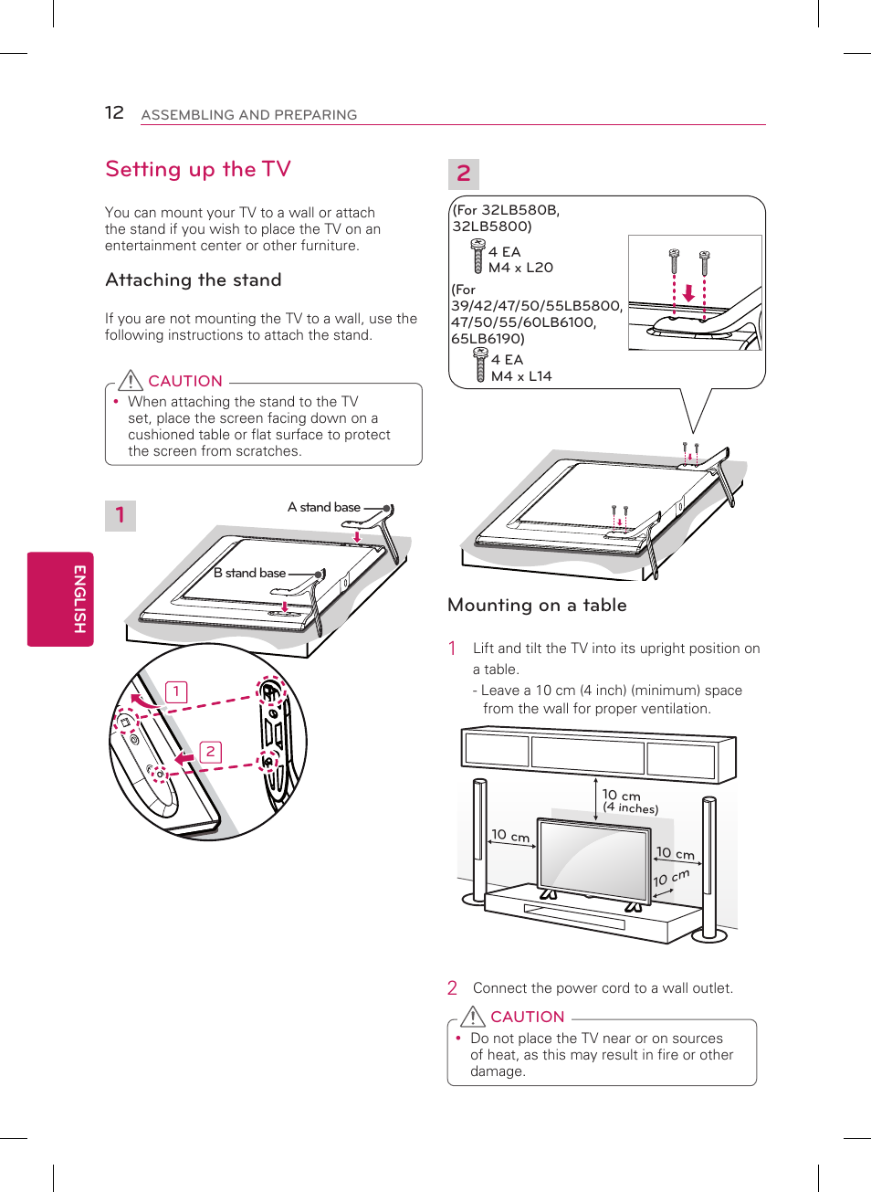 12 setting up the tv, Attaching the stand, Mounting on a table 1 | LG 47LB5800 User Manual | Page 12 / 24