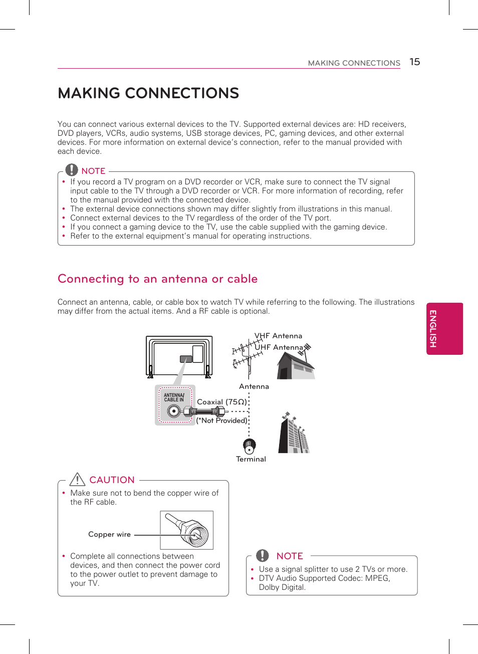 Making connections, Connecting to an antenna or cable | LG 47LB5800 User Manual | Page 15 / 24