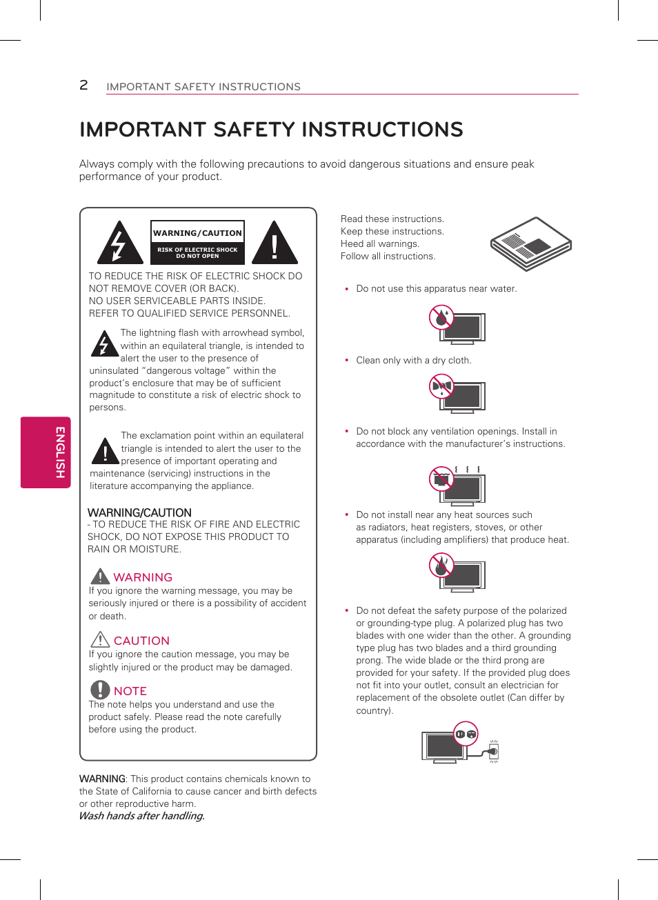 English, Warning, Caution | Important safety instructions, Warning/caution | LG 47LB5800 User Manual | Page 2 / 24