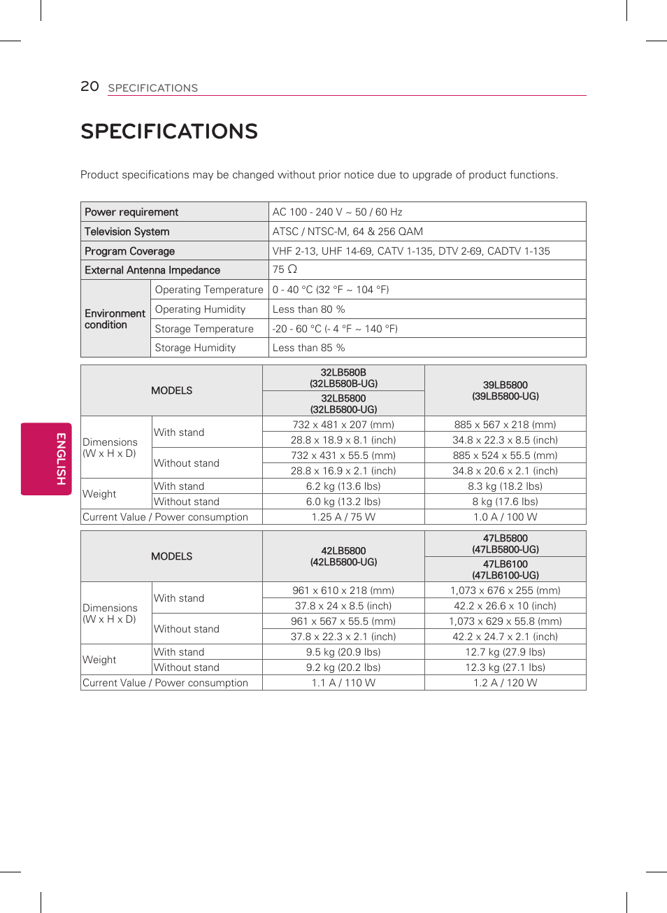 Specifications | LG 47LB5800 User Manual | Page 20 / 24