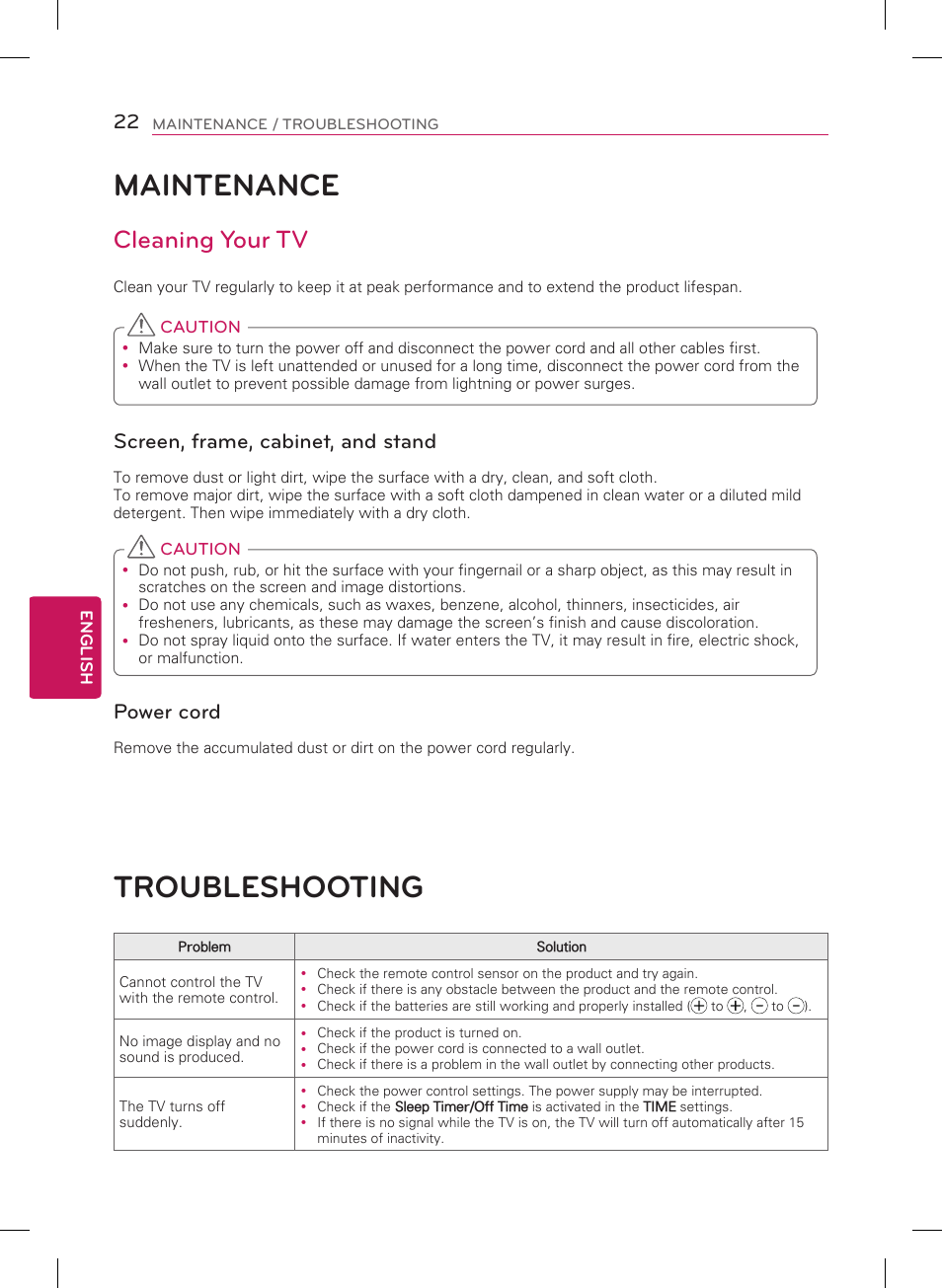 Maintenance, Troubleshooting, Cleaning your tv | Screen, frame, cabinet, and stand, Power cord | LG 47LB5800 User Manual | Page 22 / 24