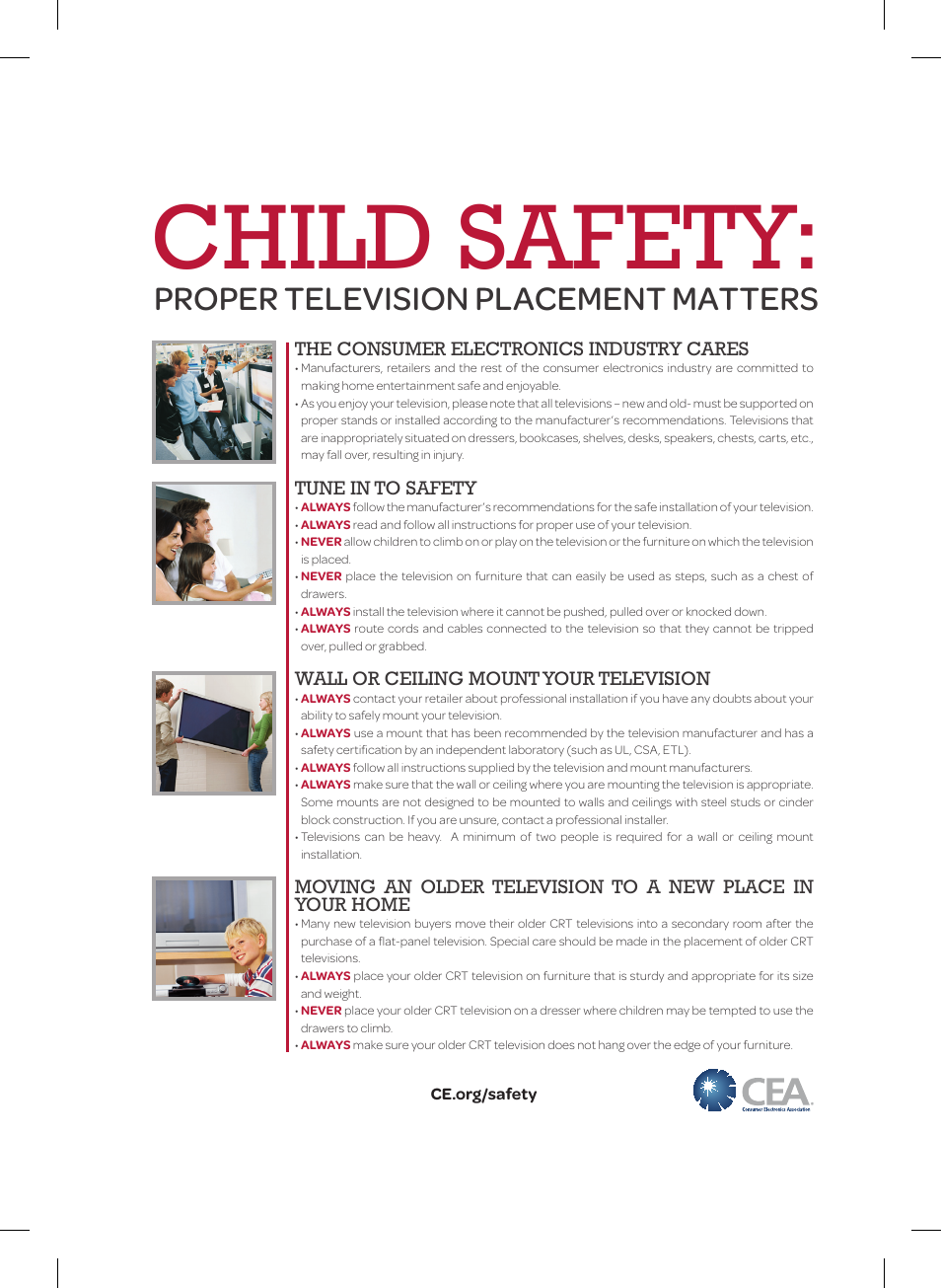 Child safety, Proper television placement matters, The consumer electronics industry cares | Tune in to safety, Wall or ceiling mount your television | LG 47LB5800 User Manual | Page 23 / 24