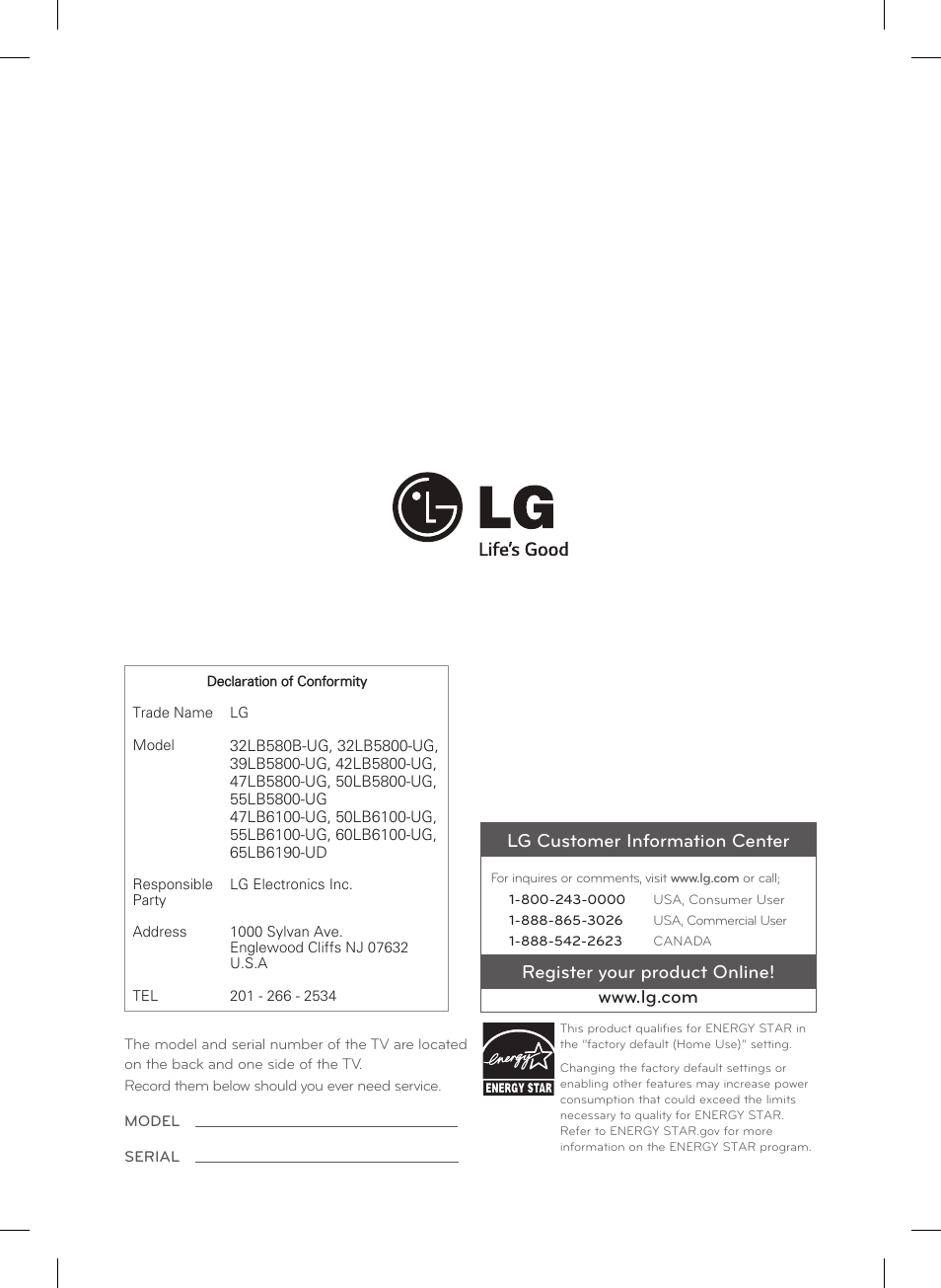 Lg customer information center | LG 47LB5800 User Manual | Page 24 / 24