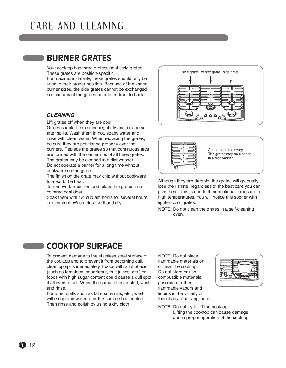Burner grates, Cooktop surface | LG LSCG366ST User Manual | Page 12 / 32