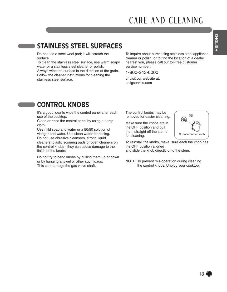 Stainless steel surfaces, Control knobs | LG LSCG366ST User Manual | Page 13 / 32