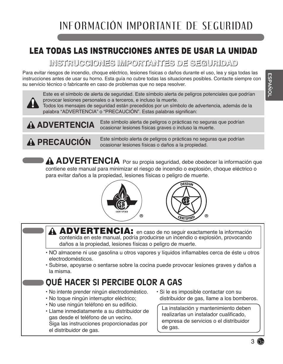 Advertencia, Advertencia precaución, Qué hacer si percibe olor a gas | Instrucciones importantes de seguridad | LG LSCG366ST User Manual | Page 19 / 32