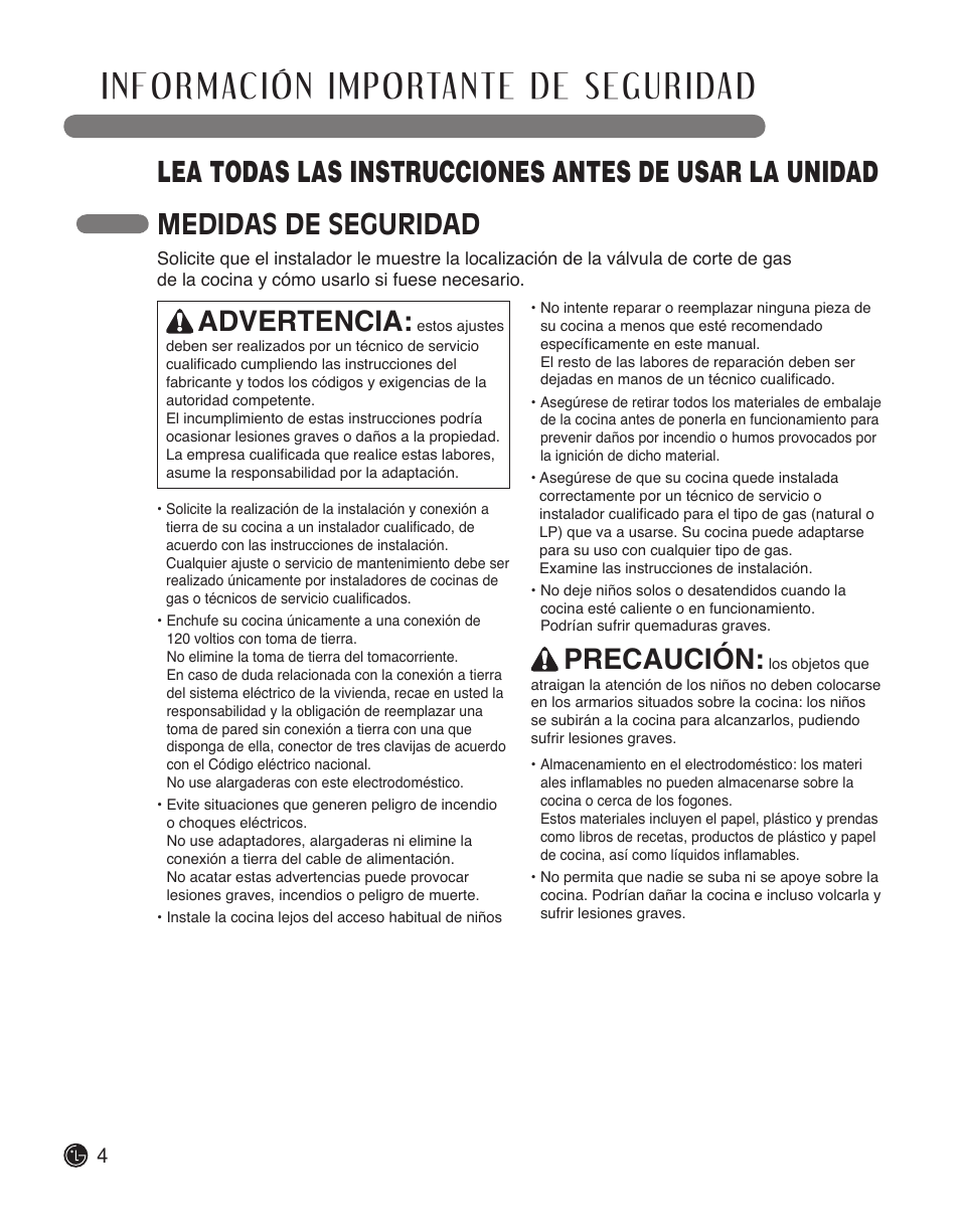 Medidas de seguridad, Advertencia, Precaución | LG LSCG366ST User Manual | Page 20 / 32