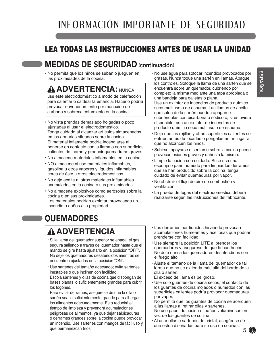 Advertencia, Medidas de seguridad, Quemadores | LG LSCG366ST User Manual | Page 21 / 32