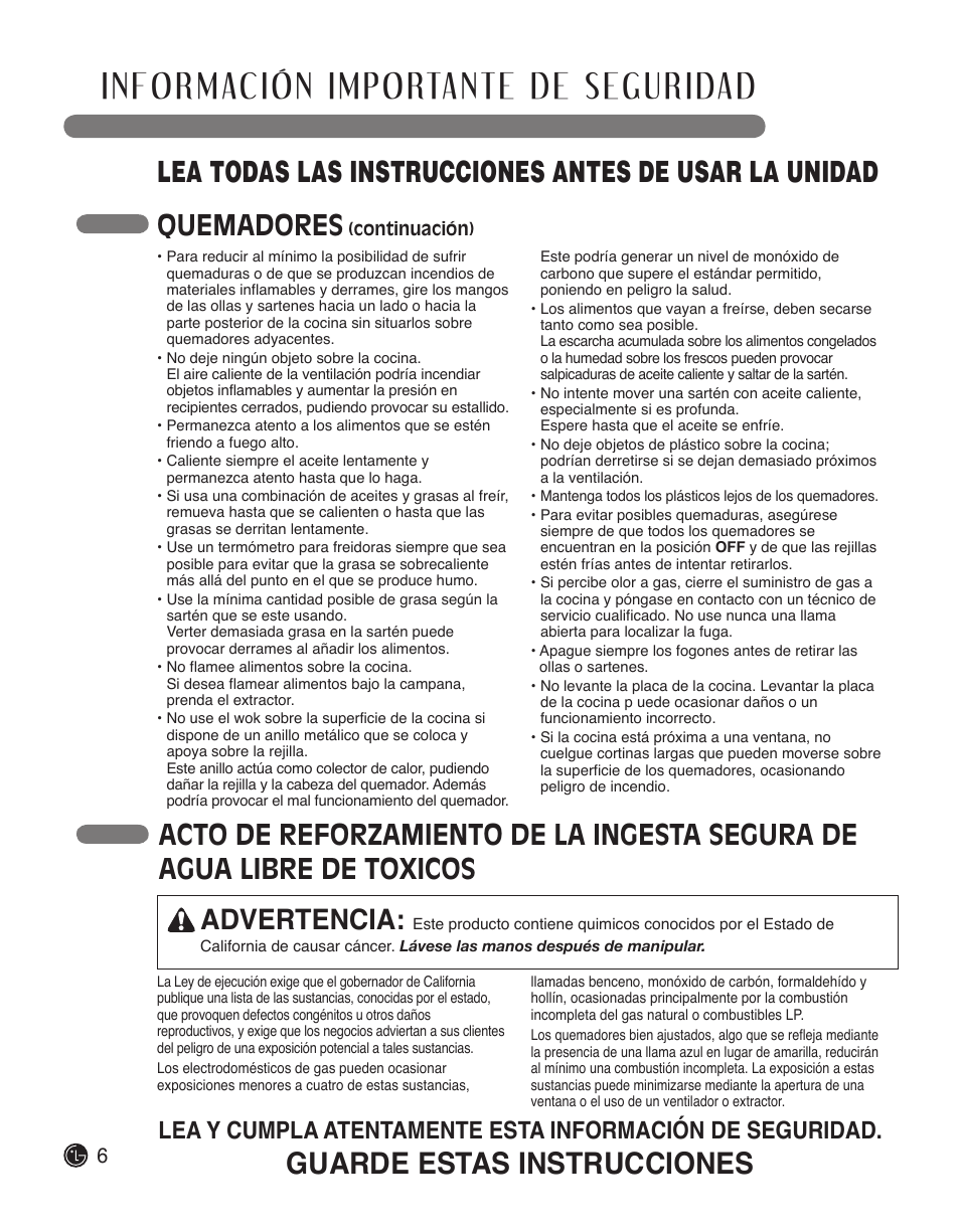 Guarde estas instrucciones, Quemadores | LG LSCG366ST User Manual | Page 22 / 32