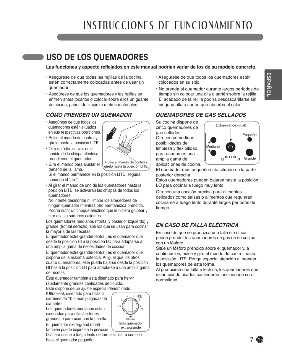 Uso de los quemadores, Cómo prender un quemador, Quemadores de gas sellados | En caso de falla eléctrica | LG LSCG366ST User Manual | Page 23 / 32