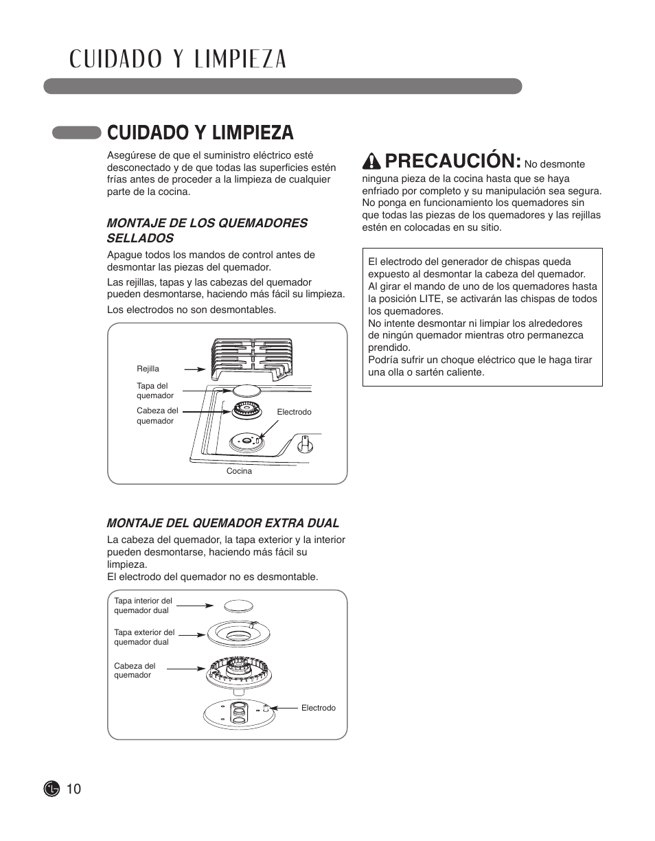Precaución, Cuidado y limpieza | LG LSCG366ST User Manual | Page 26 / 32