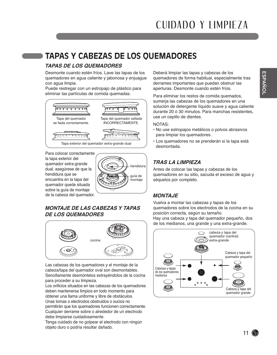 Tapas y cabezas de los quemadores, Tapas de los quemadores, Montaje de las cabezas y tapas de los quemadores | Tras la limpieza, Montaje | LG LSCG366ST User Manual | Page 27 / 32