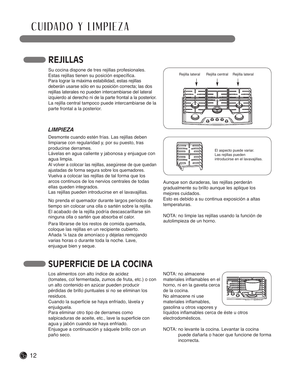 Rejillas, Superficie de la cocina | LG LSCG366ST User Manual | Page 28 / 32