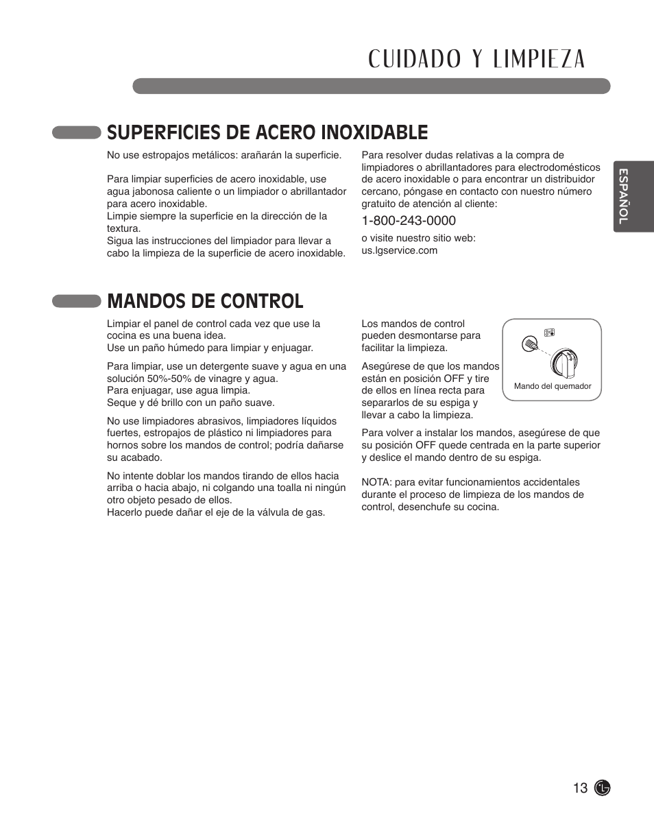 Superficies de acero inoxidable, Mandos de control | LG LSCG366ST User Manual | Page 29 / 32
