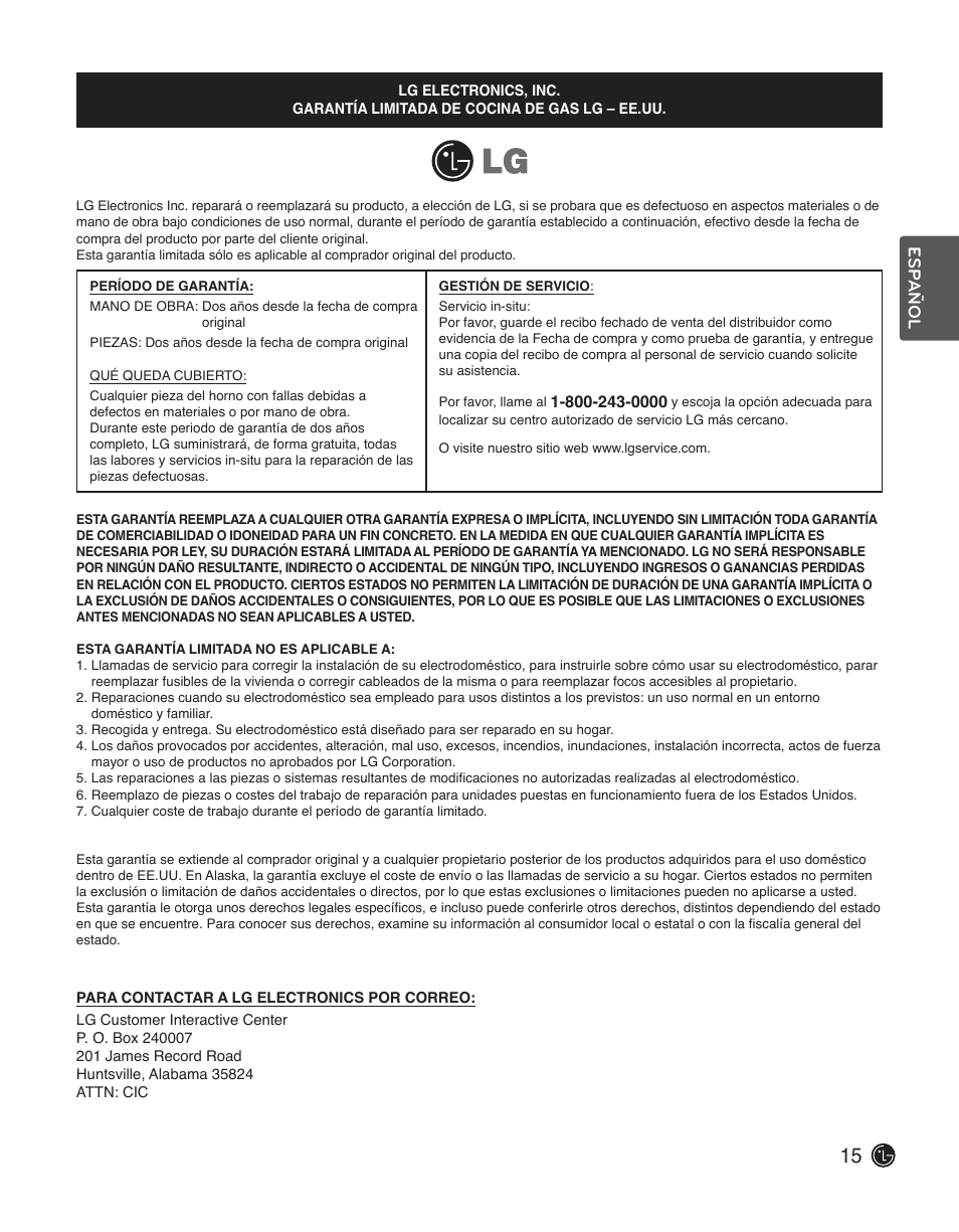 Esp añol | LG LSCG366ST User Manual | Page 31 / 32