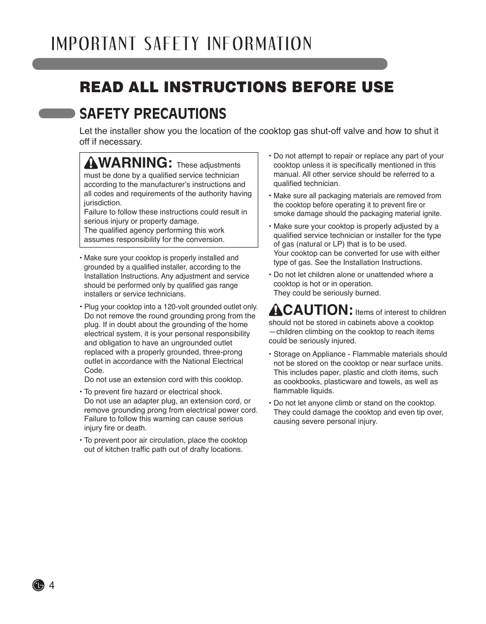 Read all instructions before use, Safety precautions, Warning | Caution | LG LSCG366ST User Manual | Page 4 / 32
