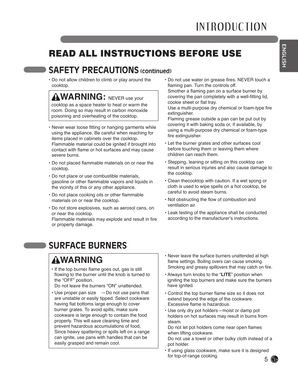 Read all instructions before use, Warning, Safety precautions | Surface burners | LG LSCG366ST User Manual | Page 5 / 32