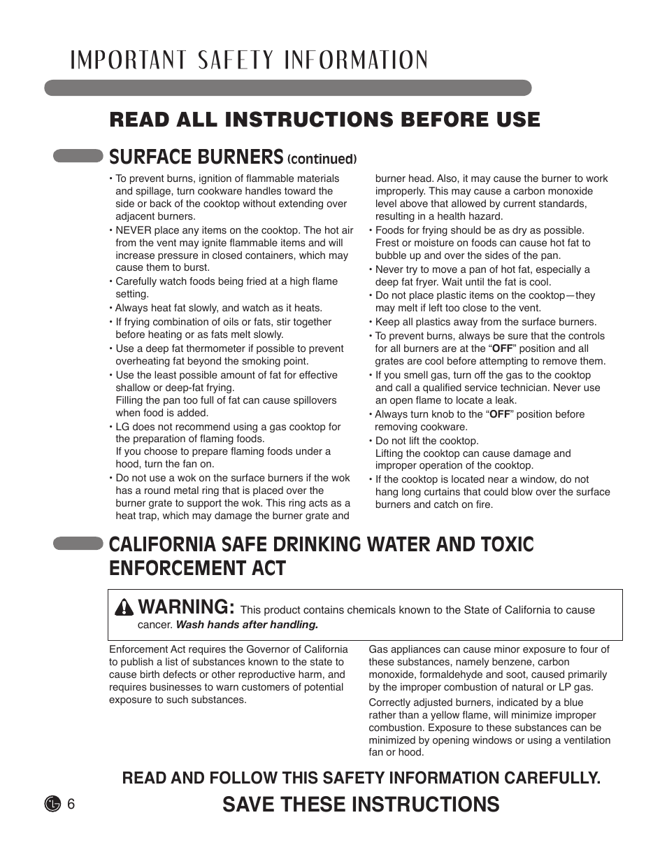 Read all instructions before use, Save these instructions, Surface burners | Read and follow this safety information carefully | LG LSCG366ST User Manual | Page 6 / 32