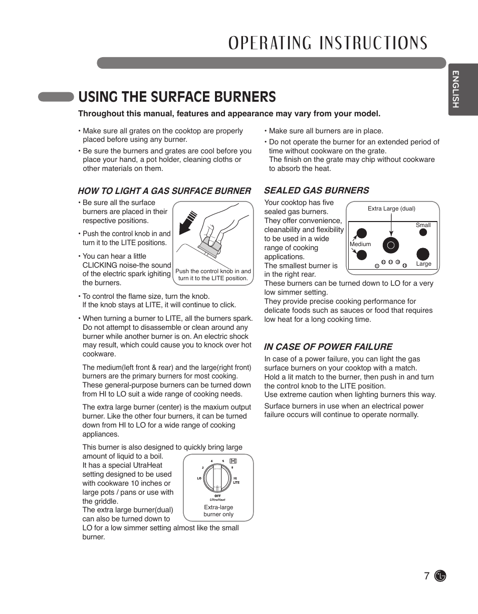 Using the surface burners, How to light a gas surface burner, Sealed gas burners | LG LSCG366ST User Manual | Page 7 / 32