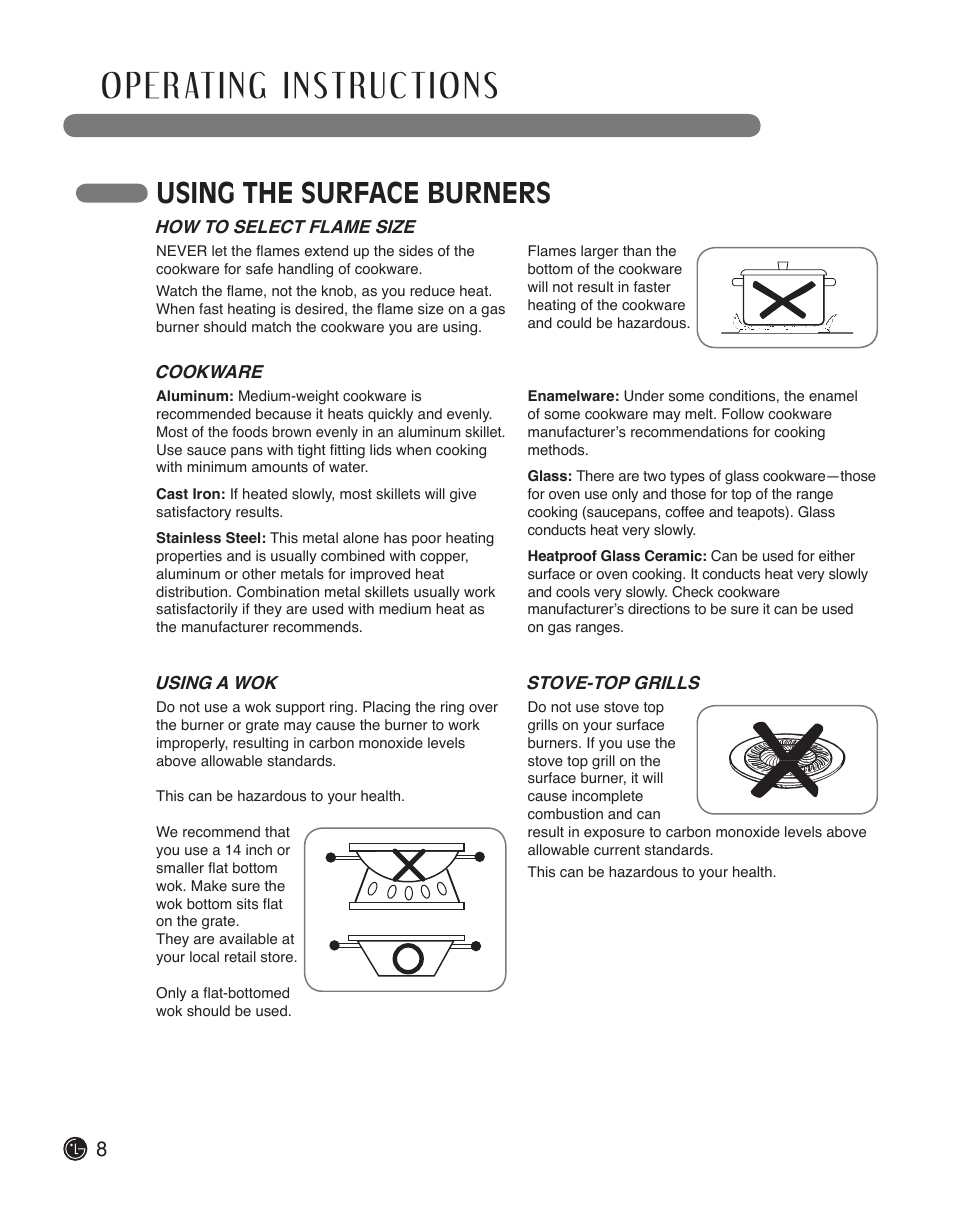 Using the surface burners | LG LSCG366ST User Manual | Page 8 / 32